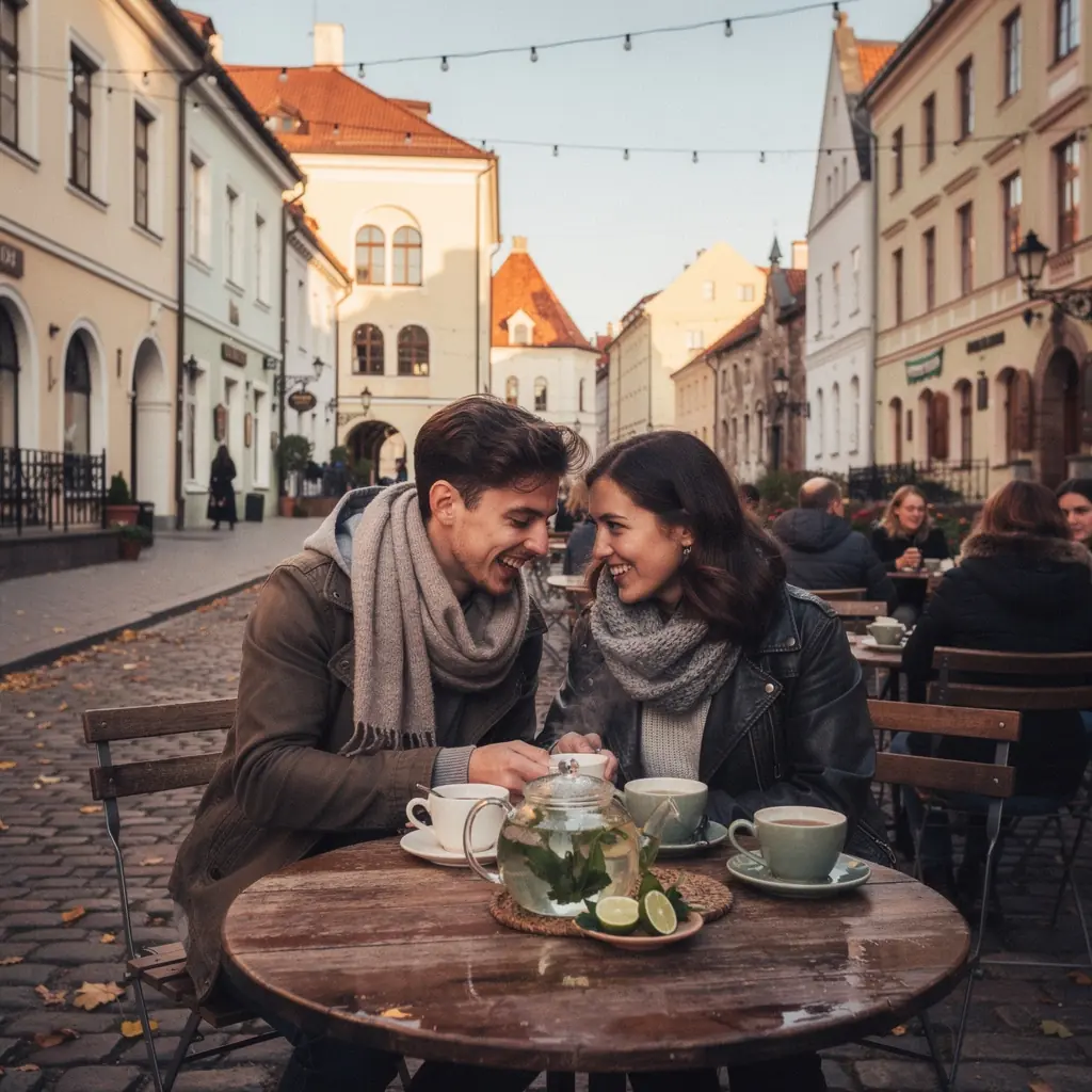 Žalios citrinos lapų arbatos puodelis su tropiniais vaisiais.